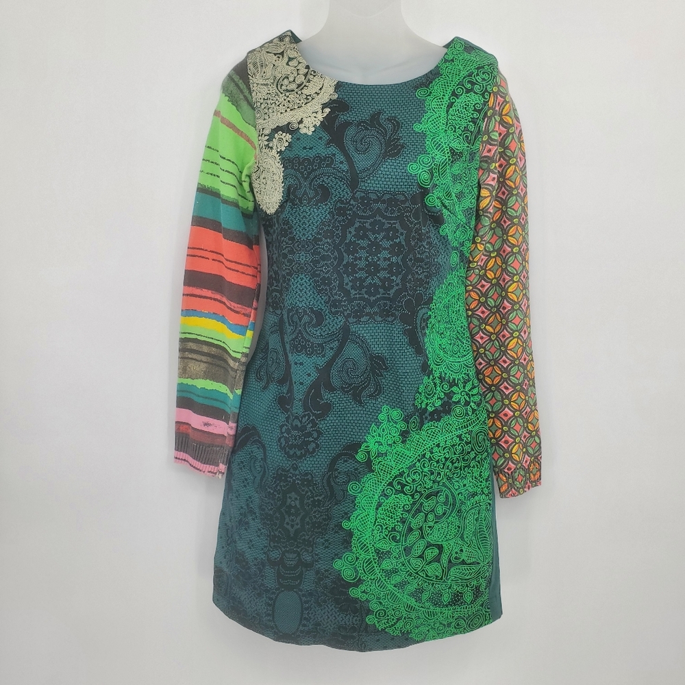 ♤♤ Desigual Boho Pattern Long-sleeve Sheath Dress Teal Green Orange Size EU36